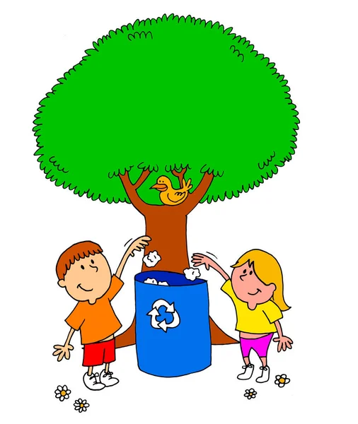 Çocukların Çöp Tenekesine Çöp Attığı Arkasında Ağaç Olan Bir Çocuk — Stok fotoğraf