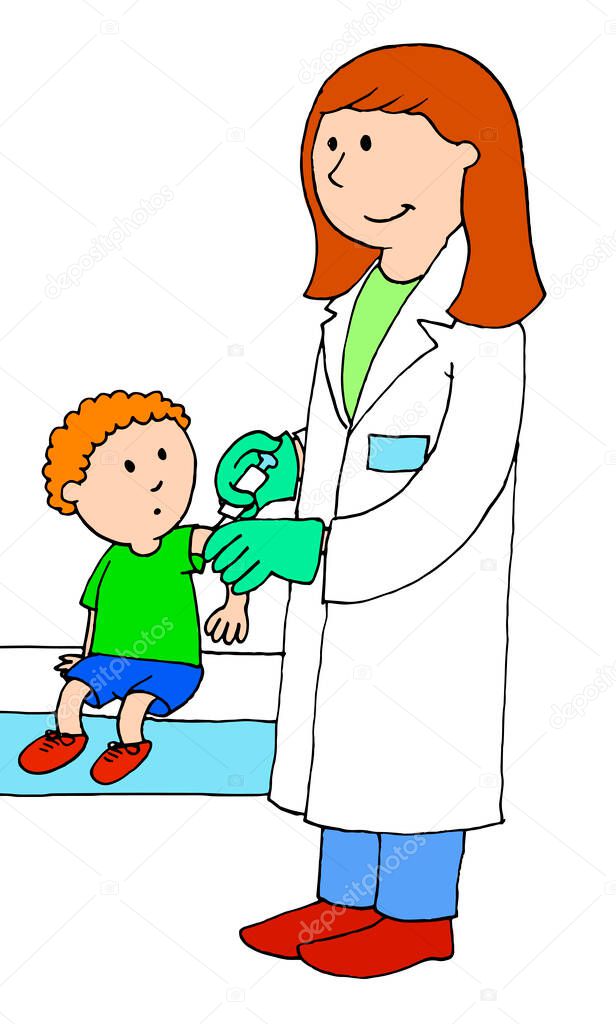 Illustration of a female doctor or nurse vaccinating a young child