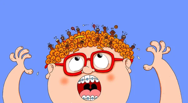 一个头发上有很多虱子的男孩的幼稚图画 — 图库照片