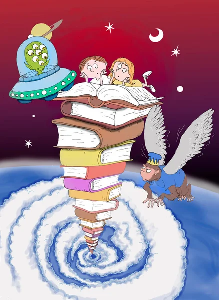 Children\'s illustration of children reading a book on top of a column of books that leaves the planet Earth