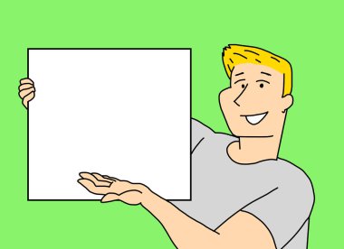Herhangi bir mesajı koyabileceğiniz boş bir kutu gösteren genç bir adamın resmi.