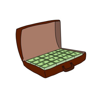 Yeşil notlarla dolu açık bir bavul.