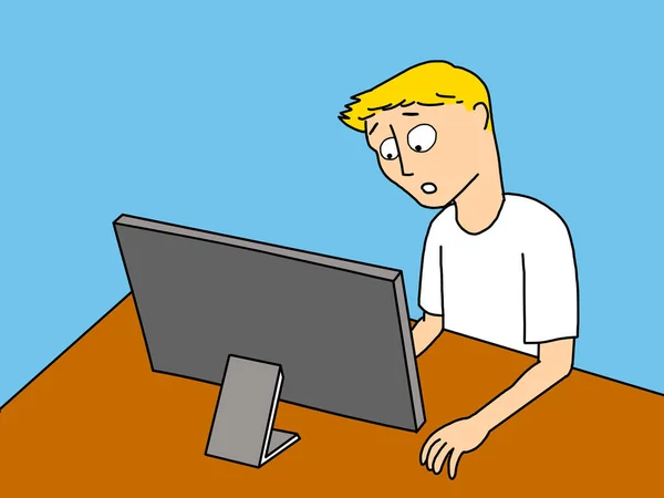 Иллюстрация Молодого Человека Удивляющегося Тому Видит Читает Экране Компьютера — стоковое фото