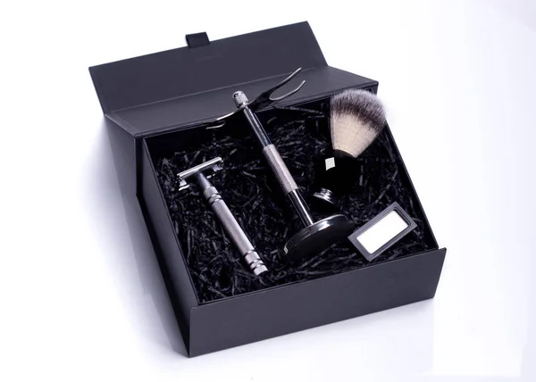 Razor Brush Stand Perfume Balsam Blades Black Box White Background — Stock Photo, Image
