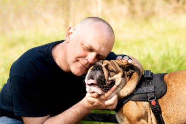 Erkek ve İngiliz bulldog yazın güneşli bir günde parkta sarılıyorlar.