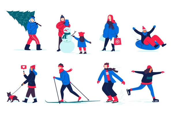 People Spend Time Winter Illustration Winter Activities Snowman Modeling Skiing — Stock Vector