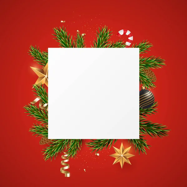 Bannière Carrée Blanche Vierge Sur Fond Branches Sapin Décorations Noël — Image vectorielle