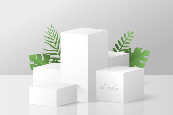 3D scene with white cube boxes and green tropical leaves behind. Blank stage podium for product presentation. Geometric composition with 3d cubes. Vector mockup for your design.
