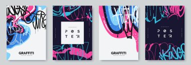 Renkli etiketli soyut grafiti posteri, boya lekeleri, karalamalar ve kusmuk parçaları. Sokak sanatları koleksiyonu. El yazısı ile çizilmiş sanatsal kapaklar. Vektör illüstrasyonu