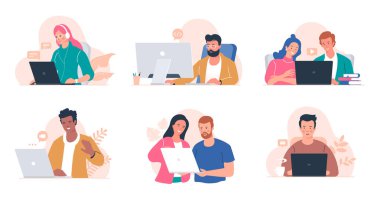 Bilgisayarda çalışan insanlar. Dizüstü bilgisayarı olan erkek ve kadınlar - serbest çalışma, online eğitim, e-posta kontrolü, giyim kuşamı. Ofisteki gençler. Uzaktan kumanda. Resim koleksiyonu beyaza izole edildi.