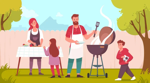 快乐的一家人在花园烧烤 父亲和孩子们在后院度过时光 家庭在户外做饭 夏天的野餐 矢量说明 — 图库矢量图片