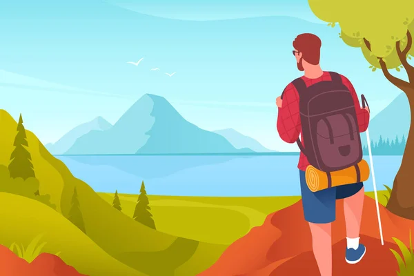 Hiking Vector Illustration Man Backpack Background Mountain Landscape Male Hiker — Stock Vector