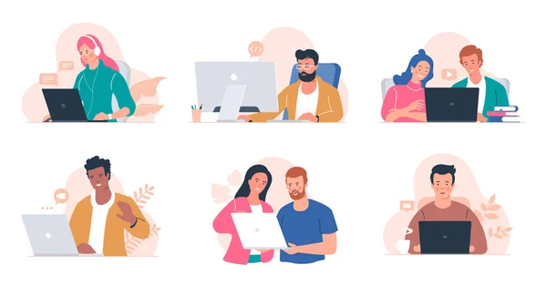 Bilgisayarda çalışan insanlar. Dizüstü bilgisayarı olan erkek ve kadınlar - serbest çalışma, online eğitim, e-posta kontrolü, giyim kuşamı. Ofisteki gençler. Uzaktan kumanda. Resim koleksiyonu beyaza izole edildi.