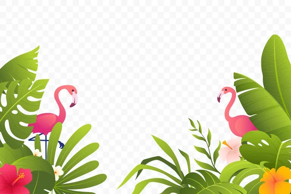 Tropical Decoration Green Leaves Plants Foliage Flowers Flamingo Summer Decor — Stock Vector