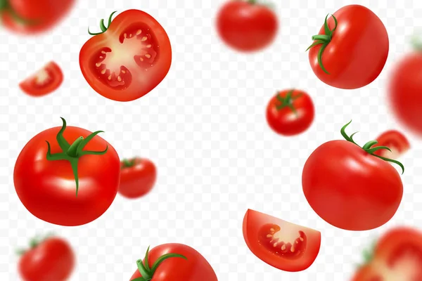 Caída de tomates maduros frescos aislados sobre fondo transparente. Volando desenfocando tomate rojo. Primer plano verduras jugosas. Aplicable para ketchup, publicidad de zumos. Ilustración vectorial. — Vector de stock