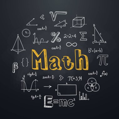 El çizimi biçiminde matematik tahtası arkaplanı. Harflerle, matematiksel sembollerle ve formüllerle yuvarlak kompozisyon. Eğitim dersi. Okul posteri, grafik baskısı, afiş için ideal.