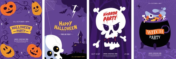 Veselá Sbírka Pohlednic Halloween Halloween Plakáty Design Různými Děsivými Ilustracemi — Stockový vektor