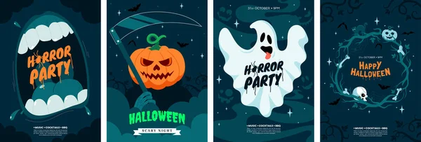 Veselá Sbírka Pohlednic Halloween Halloween Plakáty Design Různými Děsivé Ilustrace — Stockový vektor