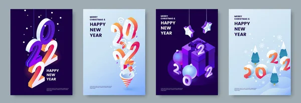 Happy New Year 2022 Posters Collectie Isometrische Stijl Wenskaart Sjabloon — Stockvector