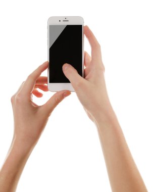 el beyaz akıllı telefon tutarak 