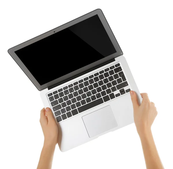 Modern laptop i händerna — Stockfoto