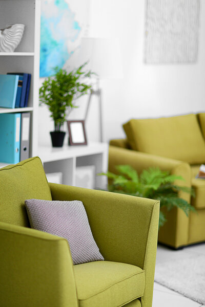 Living room interior with green furniture