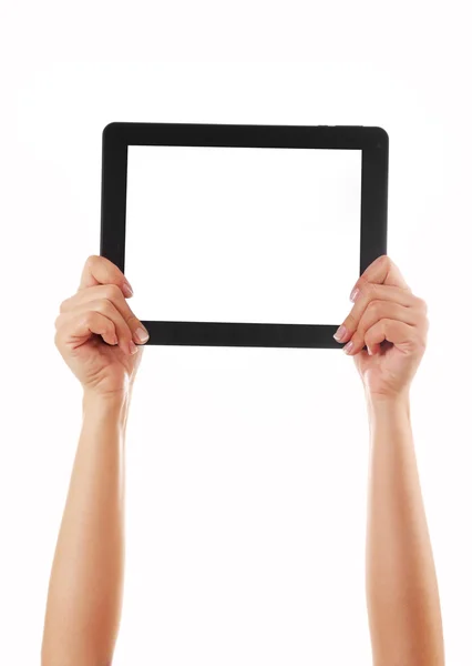 Zwarte tablet in handen — Stockfoto