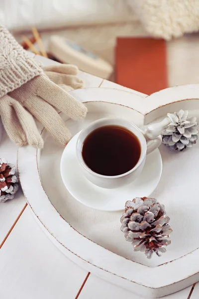 Sıcak bir içecek fincan ile güzel kış kompozisyon — Stok fotoğraf