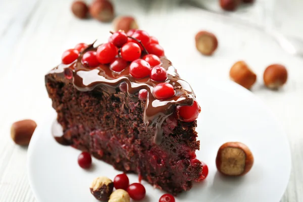 Piece of chocolate cake with cranberries on plate, closeup — Stock Photo, Image