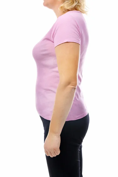 Cuerpo Mujer Gordito Camiseta Rosa Pantalones Negros Aislados Blanco — Foto de Stock