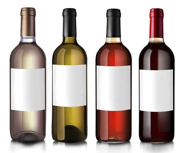 Bottles of wine with empty labels, isolated on white — Stock Photo, Image