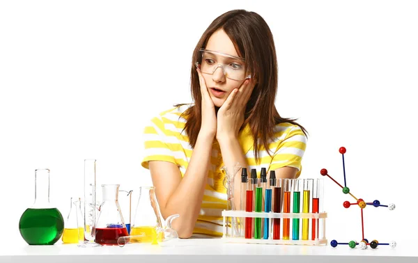 Beautiful girl with chemical flasks — Stock Photo, Image