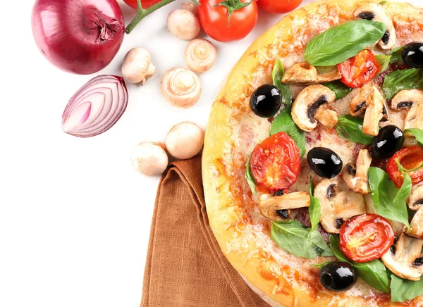 Delicious tasty pizza with vegetables on cutting board — Stock Photo, Image