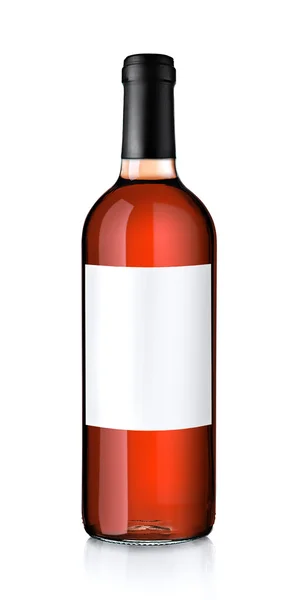 Botella de vino rosa con etiqueta vacía, aislada sobre blanco — Foto de Stock