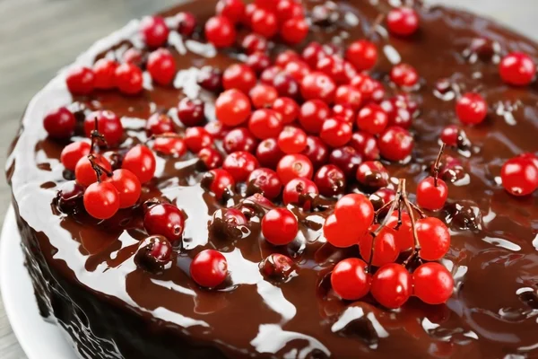 Schokoladenkuchen mit Preiselbeeren, Nahaufnahme — Stockfoto