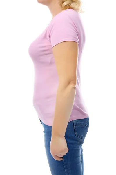 Cuerpo Mujer Gordito Camiseta Rosa Jeans Aislados Blanco — Foto de Stock