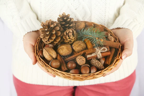 Wicker basket with Christmas decoration — Stock Photo, Image
