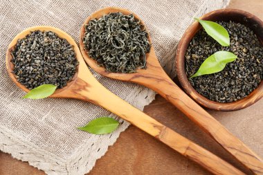 Tahta kaşıklar içinde yeşil yaprakları ile çay Makinası ve ahşap masa arka plan üzerinde kase