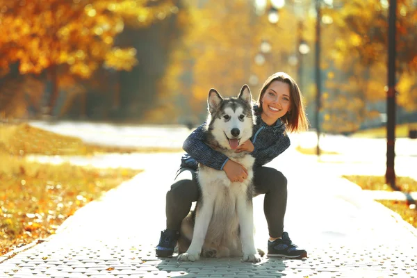 公園で犬と歩く女性は — ストック写真