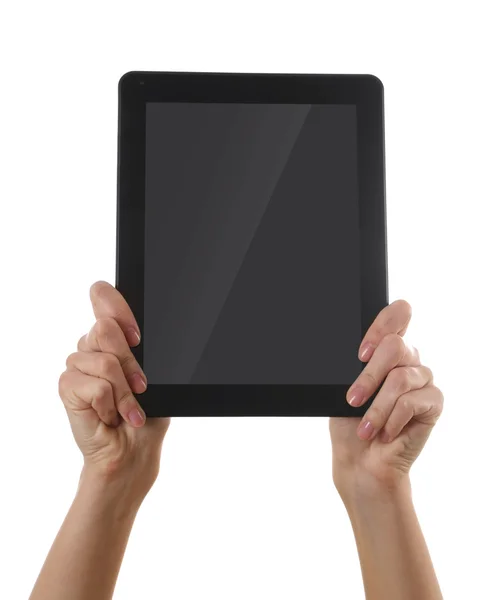 Black tablet in hands — Stock Photo, Image