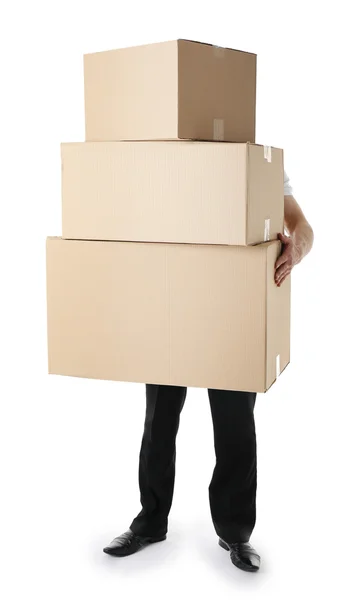 Man holding pile of carton boxes — Stock Photo, Image