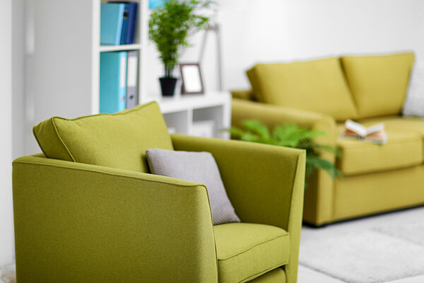 Living room interior with green furniture