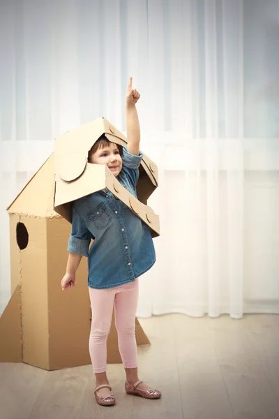 Little Cute Girl Astronaut Helmet Playing Cardboard Space Rocket Room — Stock Photo, Image