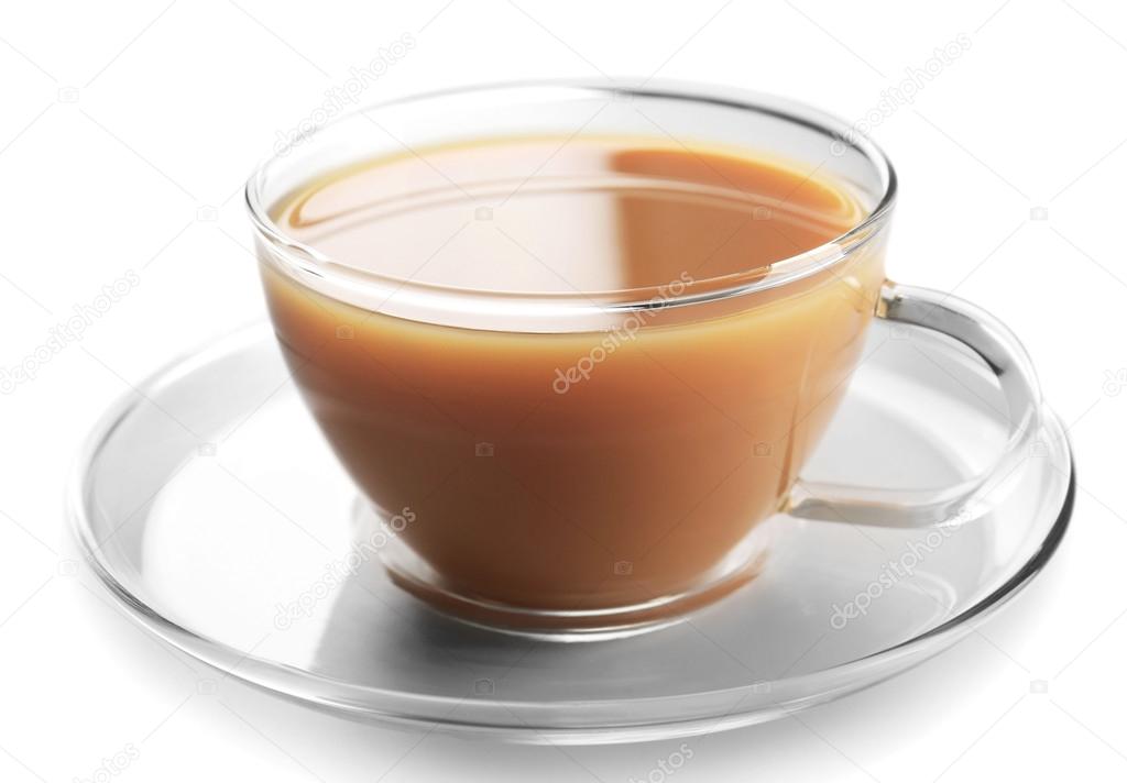 Glass cup of tea with milk isolated on white background — Stock Photo