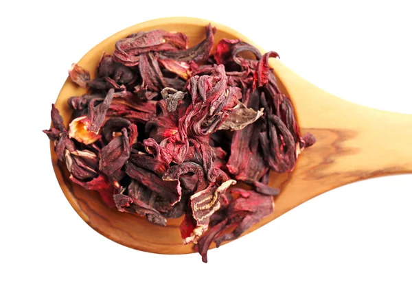 Hibiscus tè secco in cucchiaio di legno, isolato su bianco — Foto Stock