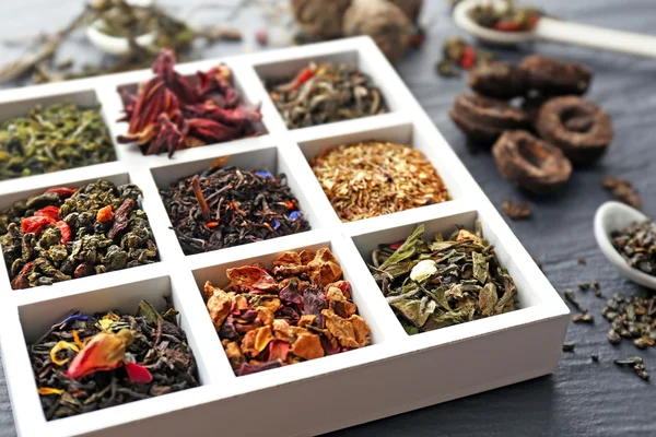 Variety of dry tea in wooden box with spoons on grey background