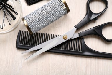 Barber set with tools on table