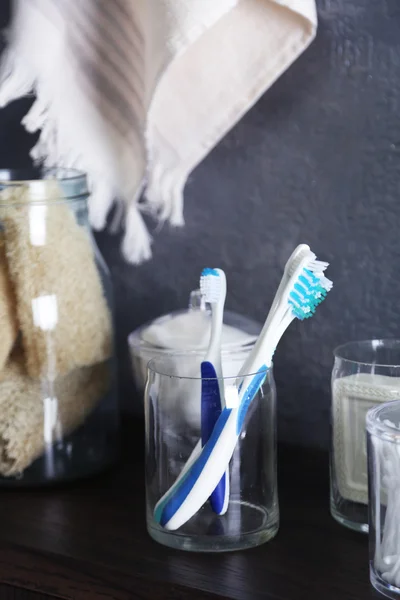 Bath accessories on grey — Stock Photo, Image