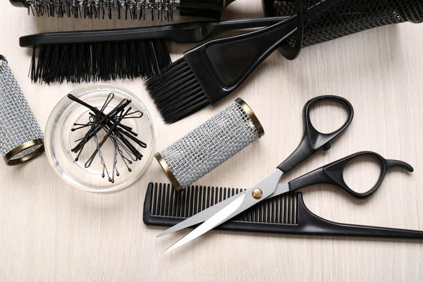 Barber set with tools on table — 스톡 사진