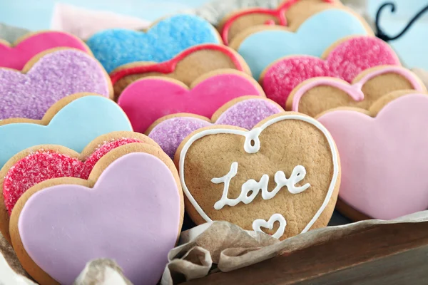 Tray with love cookies on  background — Stock Photo, Image